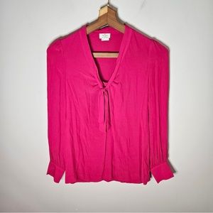 Kate Spade Tie Neck Blouse Long Sleeve Hot Pink Magenta Button Cuffs XS